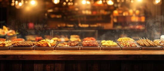 Food Showcase Display with Diverse Dishes and Stalls in a Restaurant Ideal for Promotional Text or Menu Highlighting