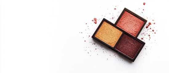 Fototapeta premium Three vibrant eyeshadow shades in a palette with scattered pigment on white background ideal for beauty product promotions and advertisements