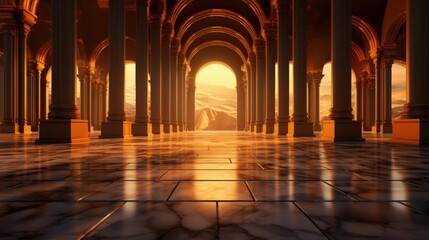 Obraz premium Serene Empty Room with Grand Columns and Sunset View in Background, Elegant Marble Floor Reflecting Warm Colors, Inviting Atmosphere for Meditation or Relaxation, Grand Hall of a Gilded Palace