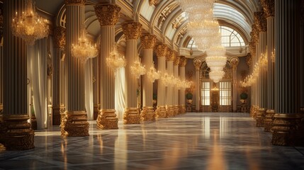 Obraz premium Opulent Ballroom Setting with Grand Chandeliers and Elegant Pillars in a Luxurious Interior Space, Grand Hall of a Gilded Palace