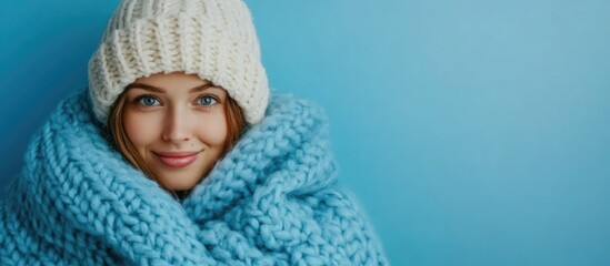 Comfortable woman wrapped in a blue blanket and white knitted hat with a blank space for text on a light blue background.