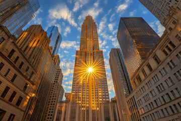 Fototapeta premium Majestic skyscraper at sunrise, sunlight rays reflecting on the building's facade, surrounded by other city buildings.