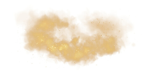 Fantastic golden smoke background. Magic golden smoke with glitter and small particles of twinkling stars. Fog with luminous particles. Yellow vapor with stardust. Morning fog over land or water. PNG.