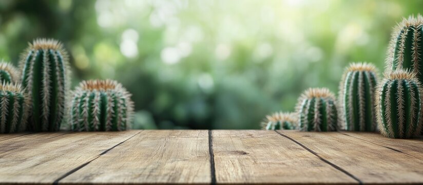 Wooden tabletop with blurred cactus background and empty space for customizable text or branding purposes