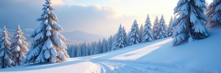 Snow-covered slope with trees in the background, snowy woods, frozen landscape
