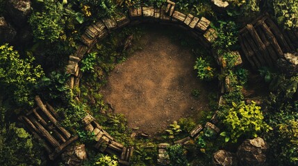 Fototapeta premium Village shrine ecosystem framework aerial view showcasing natural elements and empty space for text or overlays.
