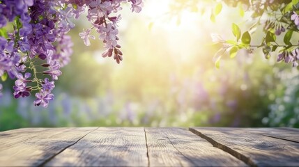 Wooden table with blurred garden bokeh background adorned with flowers ideal for product display and holiday layout with empty text space