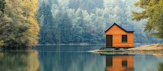 Serene tiny house on wheels by a tranquil lake surrounded by lush forests with space for text overlay.