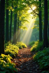 Fototapeta premium Sunlight casts a warm glow on the forest floor, dappled shade, natural illumination, woodland scene