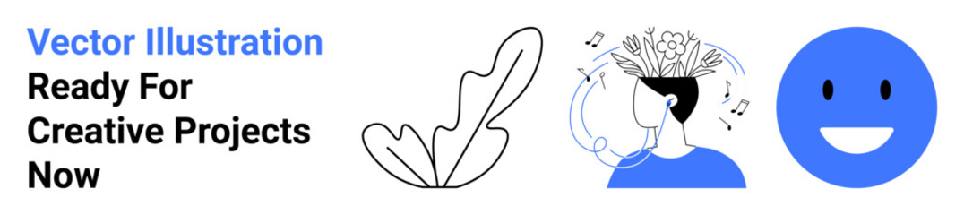 Leaf outline, person with floral brain emitting music notes, smiling face. Ideal for creativity, innovation, mindfulness, nature, music mental wellness positivity. Perfect for flat landing page