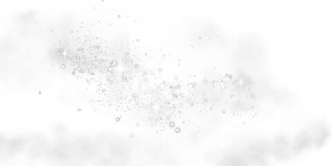 Fantastic white smoke background. Magic white smoke with glitter and small particles of twinkling stars. Fog with luminous particles. White vapor with stardust. Morning fog over land or water. PNG.