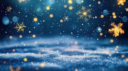Fototapeta premium Vibrant royal blue winter background with bokeh lights and glowing dust particles featuring snowflakes and ample empty space for text.