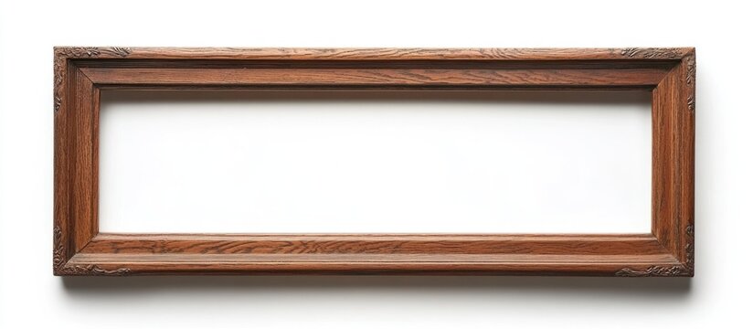 Long narrow vintage wooden frame isolated on white background with empty space for customizable text or artwork display