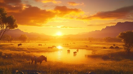 Golden sunset over the savanna, a watering hole reflecting the light