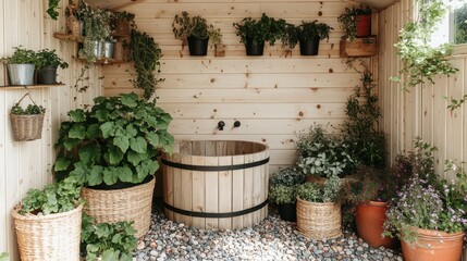 Serene Wooden Bath Surrounded by Lush Greenery in a Cozy Garden Shed