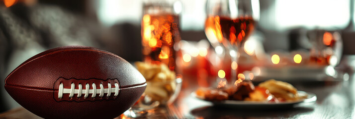 American football on a table with food and drink set up for a party, with a blurred background