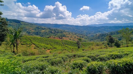 Obraz premium Majestic tea plantations on rolling hills under a bright blue sky with fluffy clouds and ample empty space for text overlay.