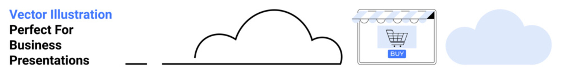 Shopping cart on storefront, cloud-shaped elements. Ideal for e-commerce, cloud services, technology, retail, digital marketing, business solutions, flat landing page banner