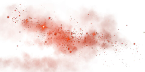 Fantastic red smoke background. Magic red smoke with glitter and small particles of twinkling stars. Fog with luminous particles. Red vapor with stardust. Morning fog over land or water surface. PNG.