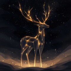 magical glowing deer under starry sky - enchanting magical glowing deer scene - fantasy magical glowing deer with golden antlers, Golden Light Spirit Deer at Night, Spirit Deer Fantasy Glow, 