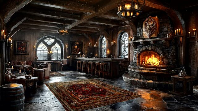 Rustic medieval tavern with glowing fireplace and wooden furnishings in warm candlelight. Seamless looping 4K video background.