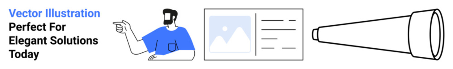 Man pointing at a layout with an image and text, accompanied by a telescope. Ideal for innovation, strategy, exploration, guidance, online presence, creativity, flat landing page banner