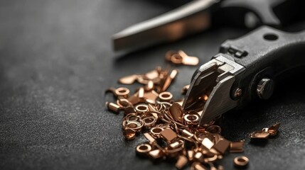 Crimping Tool with Copper Connectors and Scraps on Dark Background for Electrical Work and Repair Projects