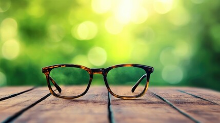 Classic back view of stylish glasses on a rustic wooden table with a blurred green background perfect for outdoor picnic promotions