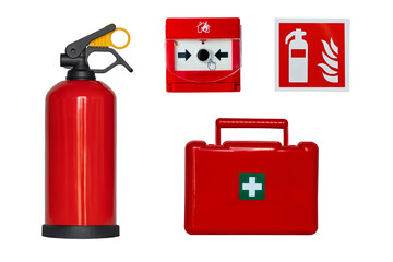 fire extinguisher, first aid kit, fire alarm button and safety sign isolated on white background