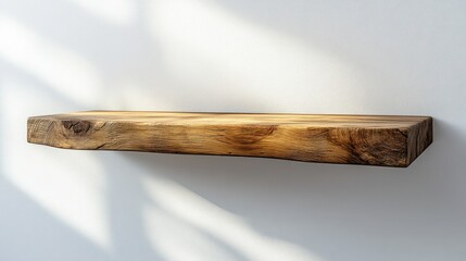 Wooden shelf against a white wall providing a minimalist space for product mockup display and creative design ideas with ample empty space.