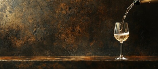 Elegant champagne or white wine pouring into a glass on rustic table with ample empty space for text and branding against a dark background