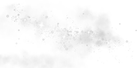 Fantastic white smoke background. Magic white smoke with glitter and small particles of twinkling stars. Fog with luminous particles. White vapor with stardust. Morning fog over land or water. PNG.