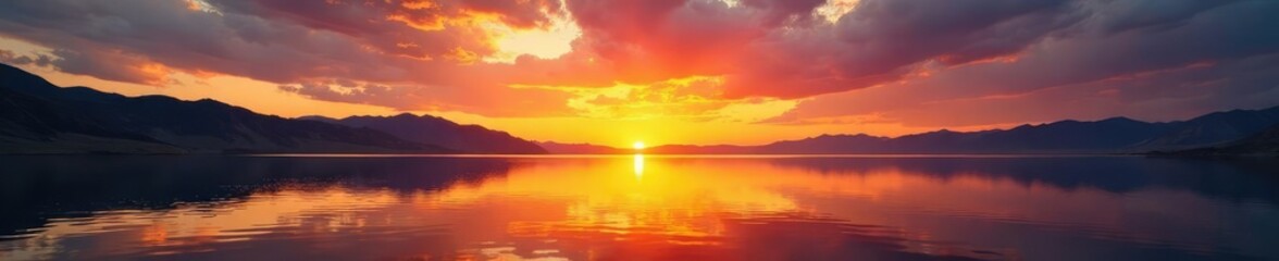 Obraz premium A majestic sunset casts golden glow on Utah Lake, landscape photography, Utah Lake