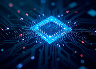 Concept high-resolution image of an AI chip, selective focus