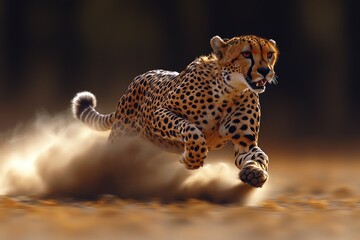 Fototapeta premium Cheetah Running Swiftly Across African Savanna Dust