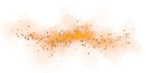 Fantastic orange smoke background. Magic orange smoke with glitter and small particles of twinkling stars. Fog with luminous particles. Orange vapor with stardust. Morning fog over land or water. PNG.