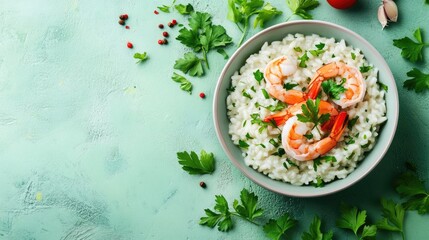 Creamy seafood risotto with shrimp and parsley on a light green background perfect for culinary presentations and food advertising.