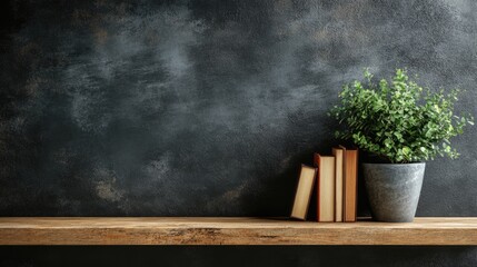 Vintage bookshelf featuring classic literature and empty space for customizable text with a potted plant for a cozy aesthetic.