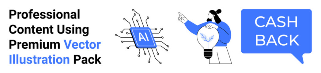 AI microchip, a person with a lightbulb, and cashback dialogue box. Ideal for tech innovation, AI tools, creative solutions, finance offers, business strategies, marketing flat landing page banner