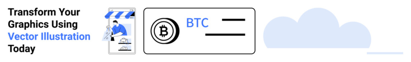 Bitcoin wallet transaction as currency and cloud storage icons convey modern tech. Ideal for finance, cryptocurrency, blockchain, digital payment, fintech, online security, flat landing page banner
