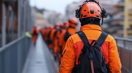 Groupe de protection civile marchant sur le toit d'un immeuble.