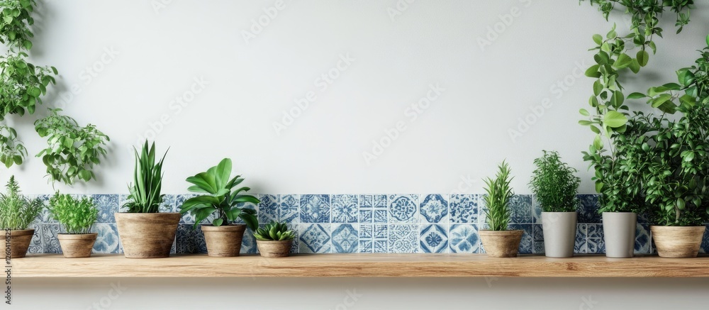 Sticker Wooden shelves adorned with indoor plants showcasing blue tile accents against a white background with room for text integration