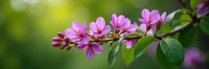 Obraz premium Delicate purple flowers bloom on a slender green jacaranda tree branch, greenery, flowering tree