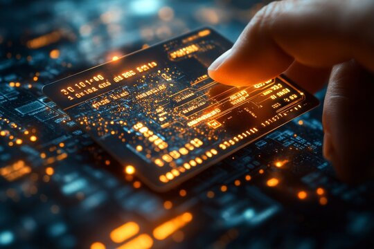 hand holding a futuristic credit card with glowing orange digital details. The card features advanced security, encrypted data, and a high-tech interface, representing modern financial technology.