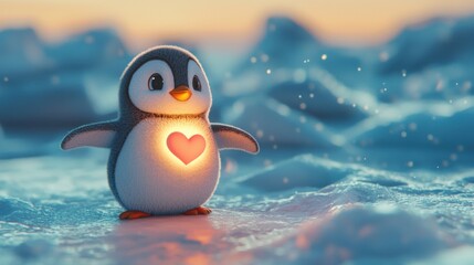 Adorable penguin with heart light icy landscape illustrative art winter wonderland close-up love and joy concept