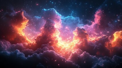Naklejka premium Vibrant Cosmic Clouds: A stunning display of fiery orange and blue hues illuminating a starry night sky, perfect for space-themed projects and creative backgrounds.
