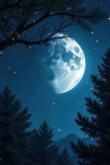 Naklejka premium Surreal moon hanging from pine branches in starry night sky with ethereal light, dreamy landscape, pine branch, lunar