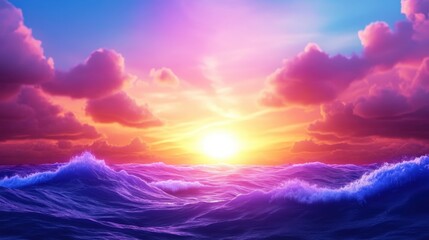 A vibrant sunset over the ocean, with colorful clouds reflecting warm light on the water. The waves gently roll in, creating a tranquil and beautiful natural scene.