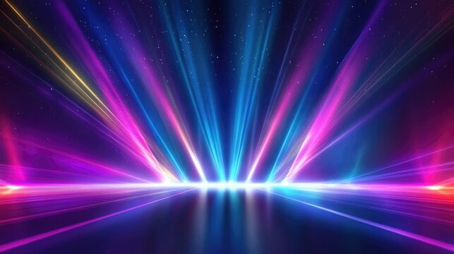Dynamic laser light display with colorful beams and dark background suitable for text placement and event promotions.