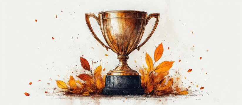 Championship trophy cup illustration with empty space for text and autumn leaves on a white background